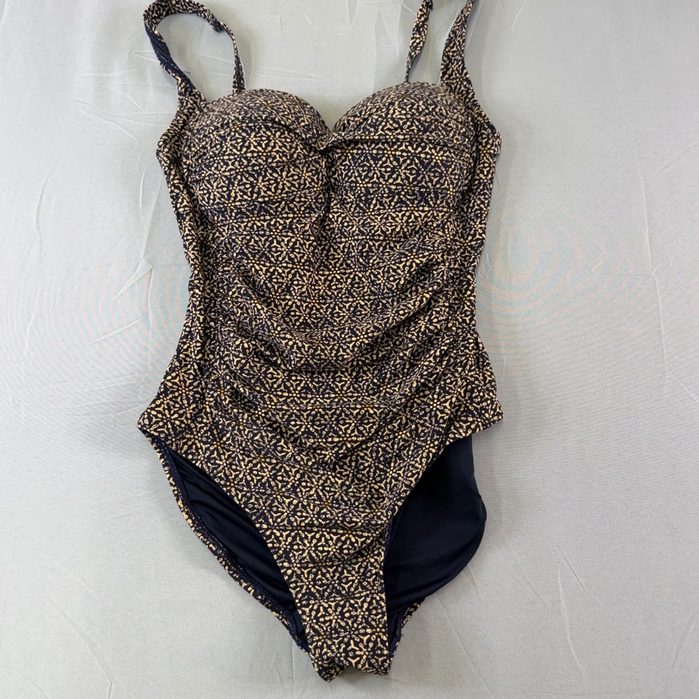 Niptuck Swim Womens Navy Gold Medallion‎ Ruched Tummy Control One Piece Size 6